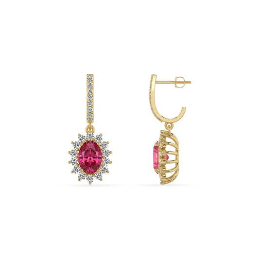 lab grown pink tourmaline oval drop earrings in yellow gold 
