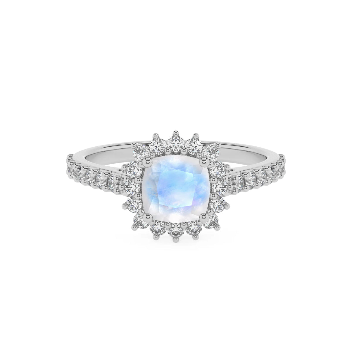 natural rainbow-moonstone cushion solitaire rings in sterling silver 