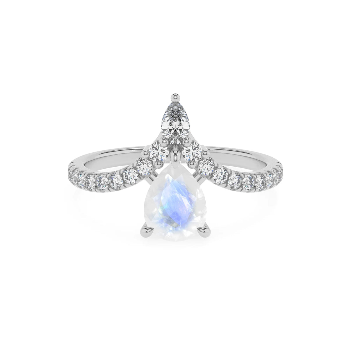 natural rainbow-moonstone pear solitaire rings in white gold 
