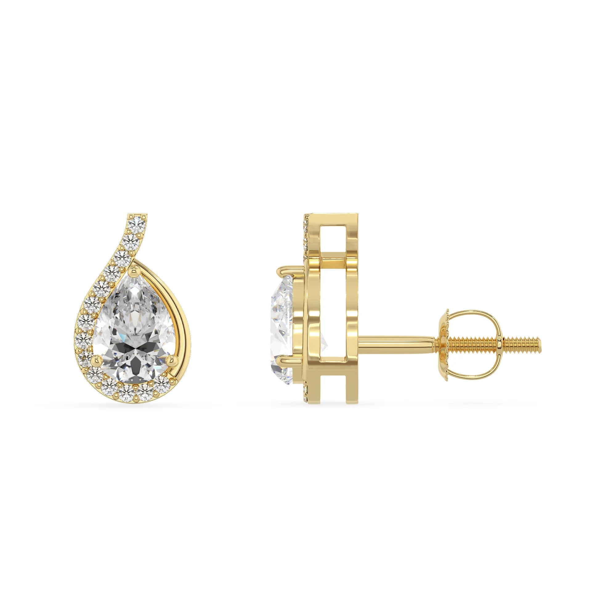 lab grown moissanite pear stud earrings in yellow gold 