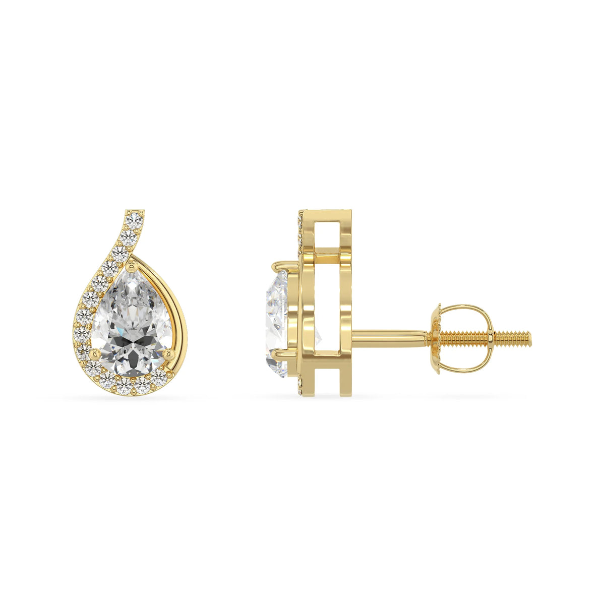 lab grown moissanite pear stud earrings in yellow gold 