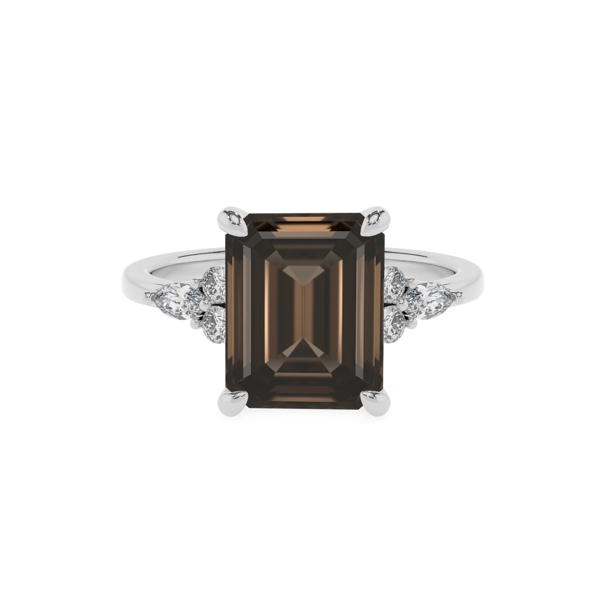natural smoky-quartz emerald cut solitaire rings in platinum 