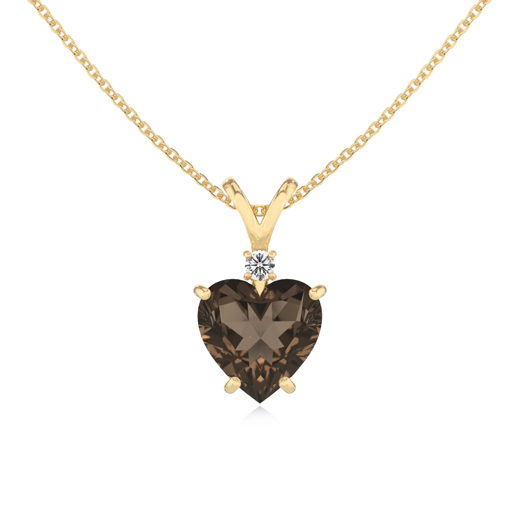 natural smoky-quartz heart solitaire v-bale necklaces in yellow gold 