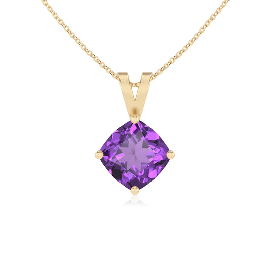 lab grown amethyst cushion solitaire v-bale necklaces in yellow gold 