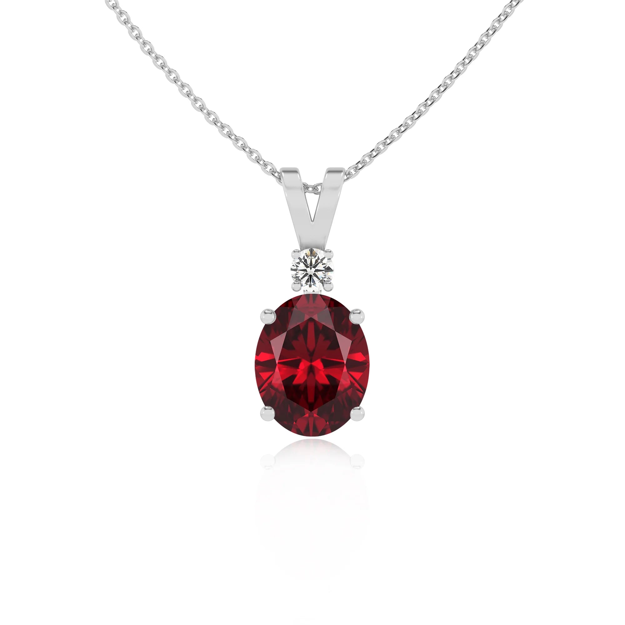 lab grown ruby oval solitaire v-bale necklaces in white gold 