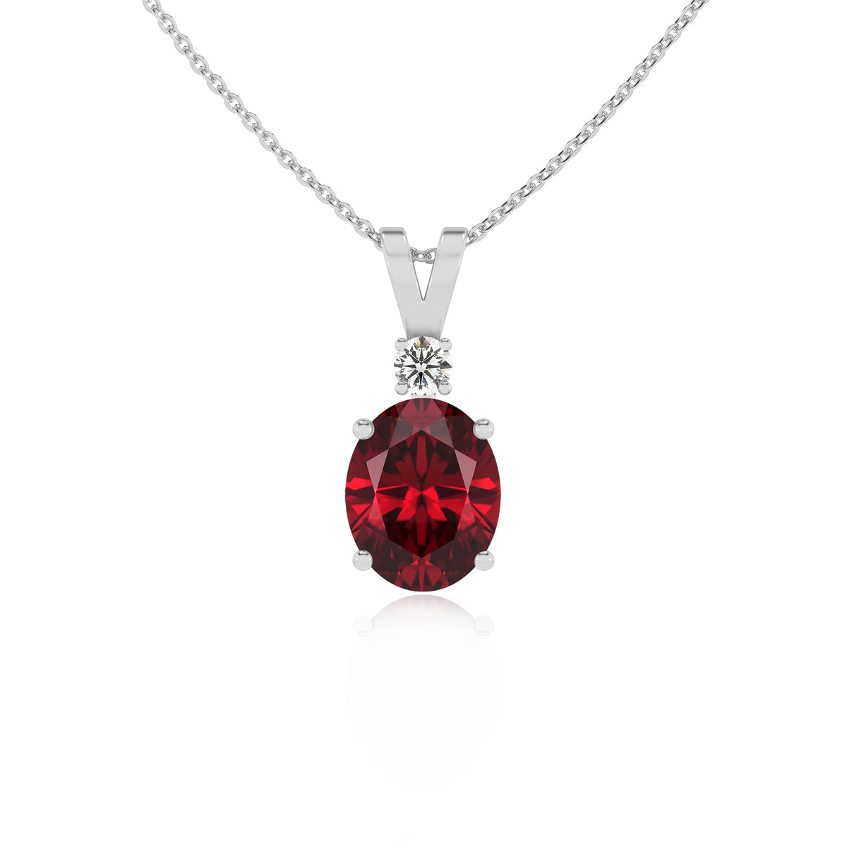 lab grown ruby oval solitaire v-bale necklaces in white gold 