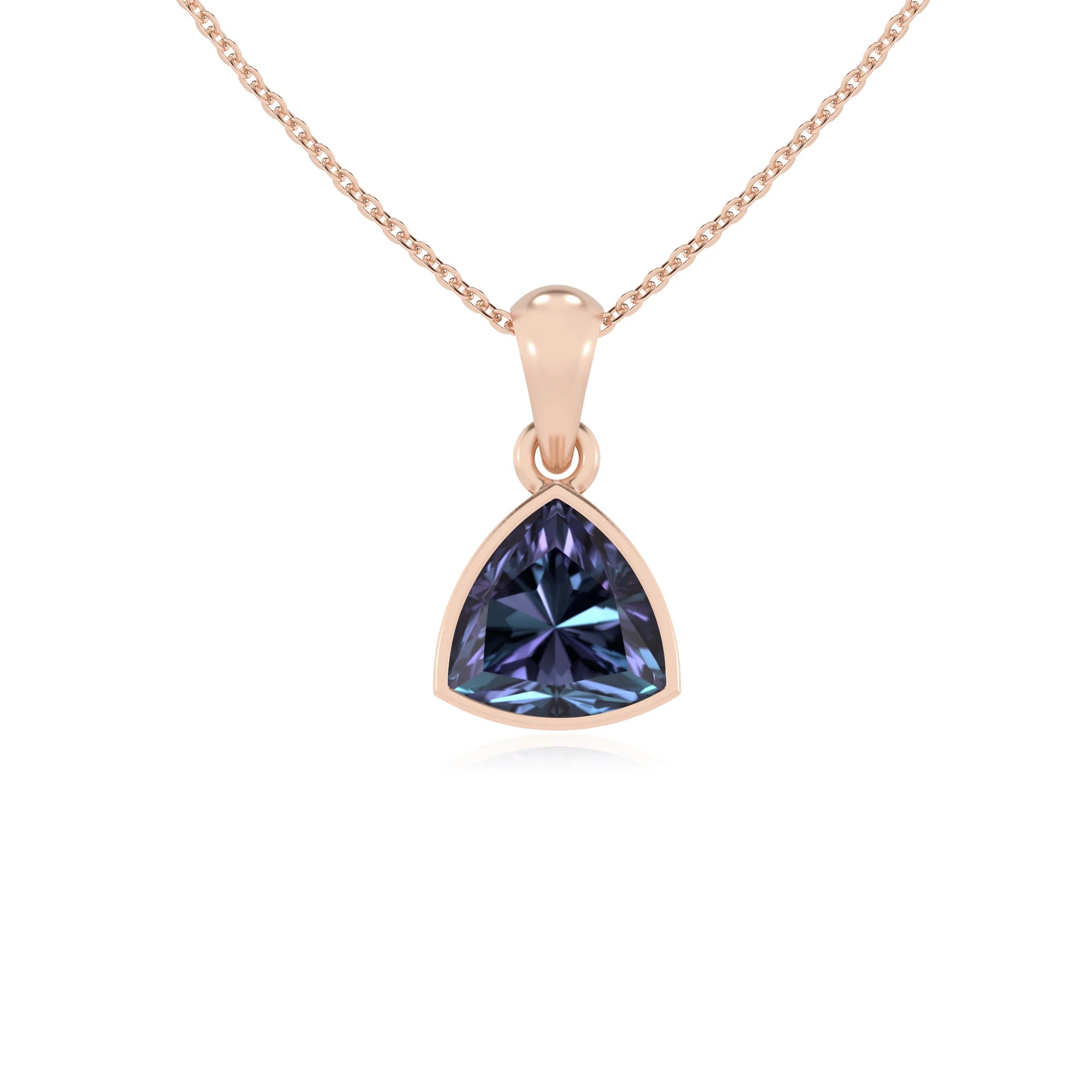 lab grown alexandrite trillion solitaire necklaces in rose gold 