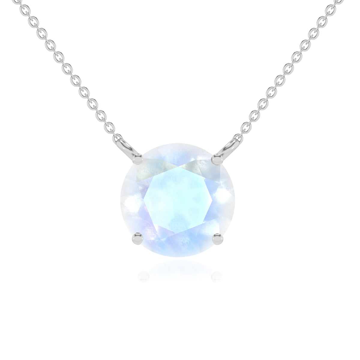 natural rainbow-moonstone round solitaire necklaces in sterling silver 