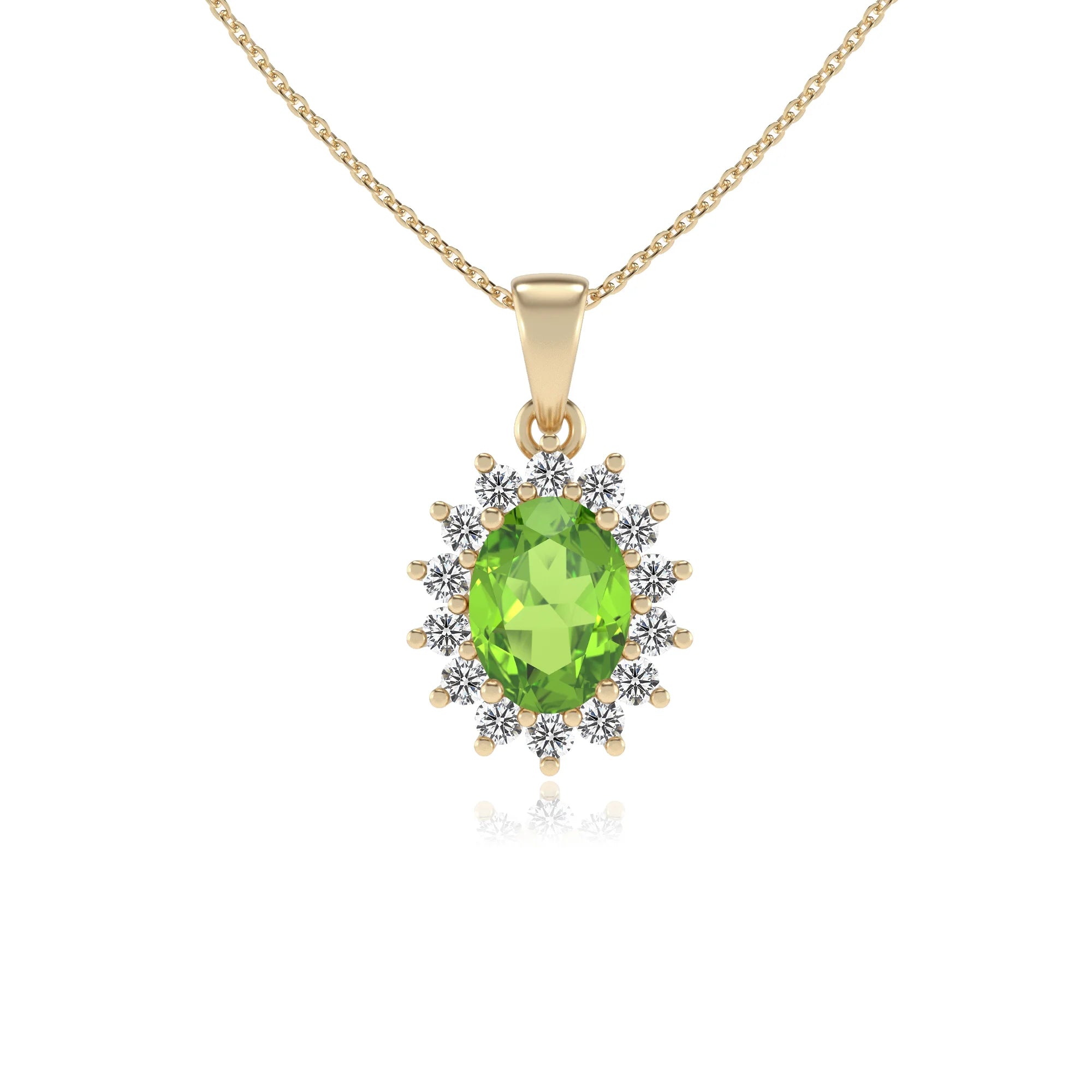 natural peridot oval halo necklaces in yellow gold 
