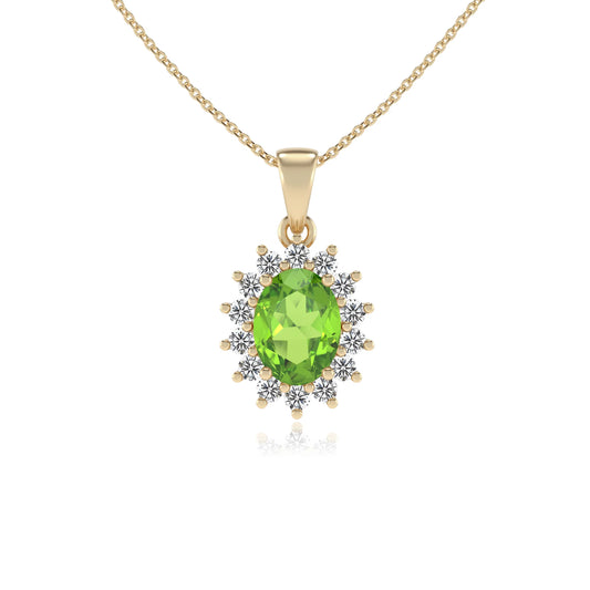 natural peridot oval halo necklaces in yellow gold 