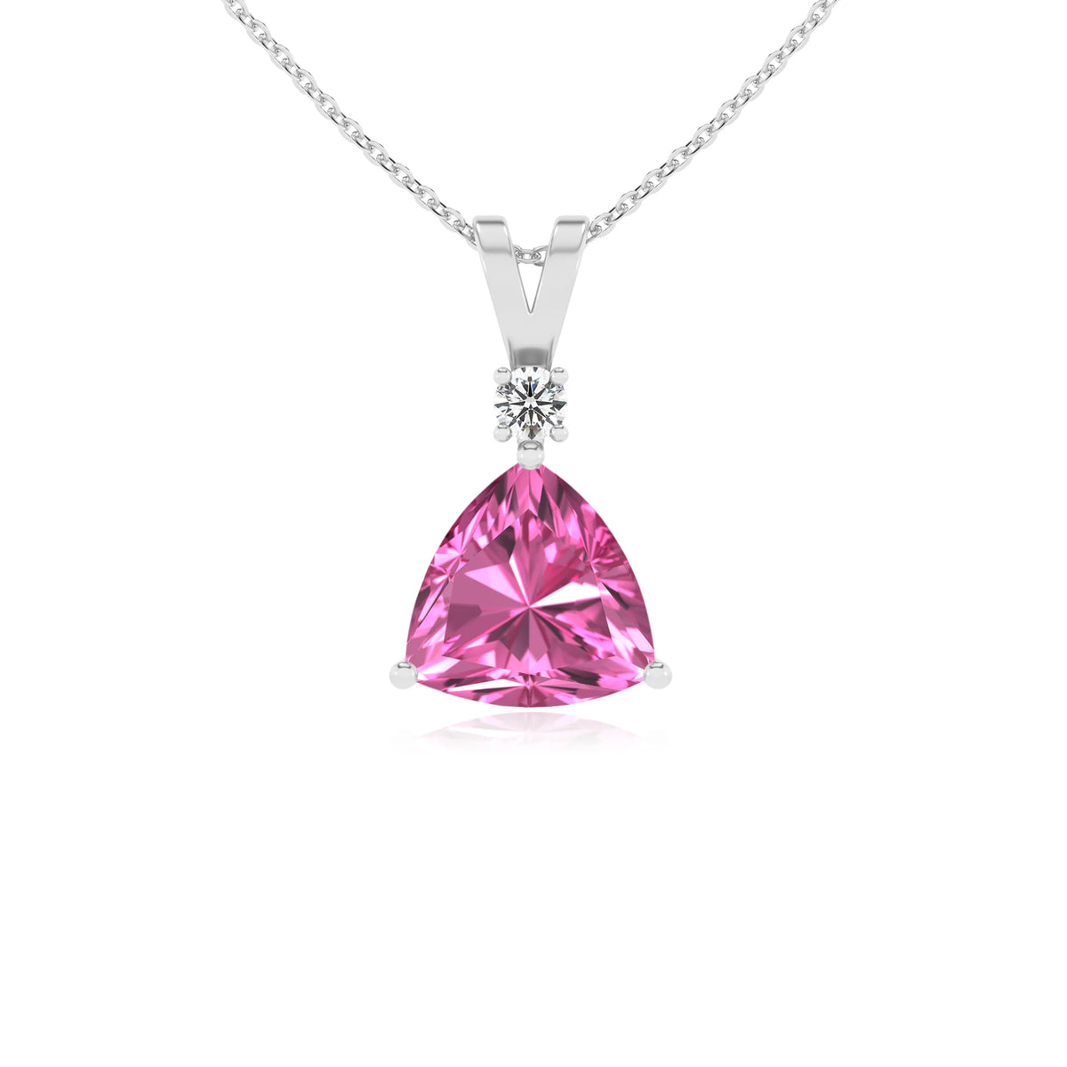 lab grown pink-sapphire trillion solitaire v-bale necklaces in white gold 