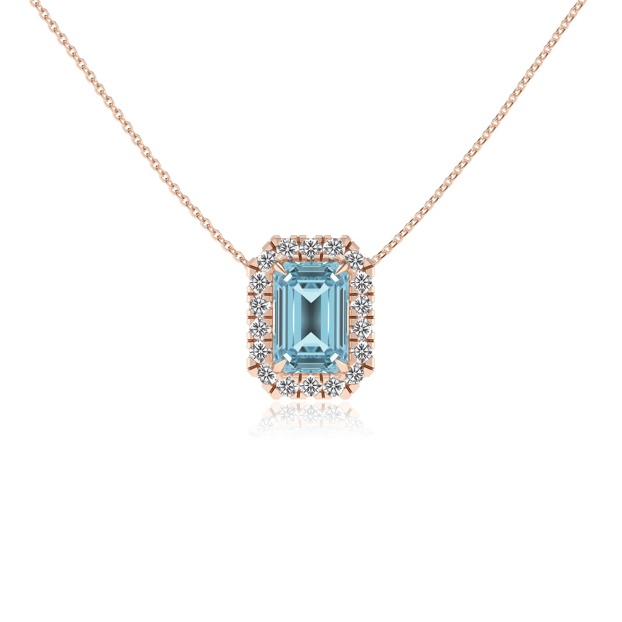 lab grown aquamarine emerald cut solitaire necklaces in rose gold 