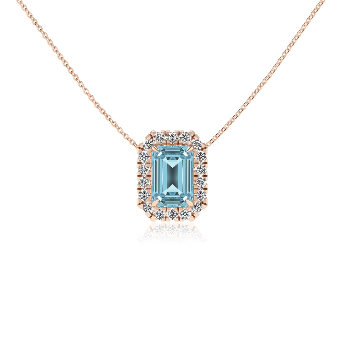 lab grown aquamarine emerald cut solitaire necklaces in rose gold 