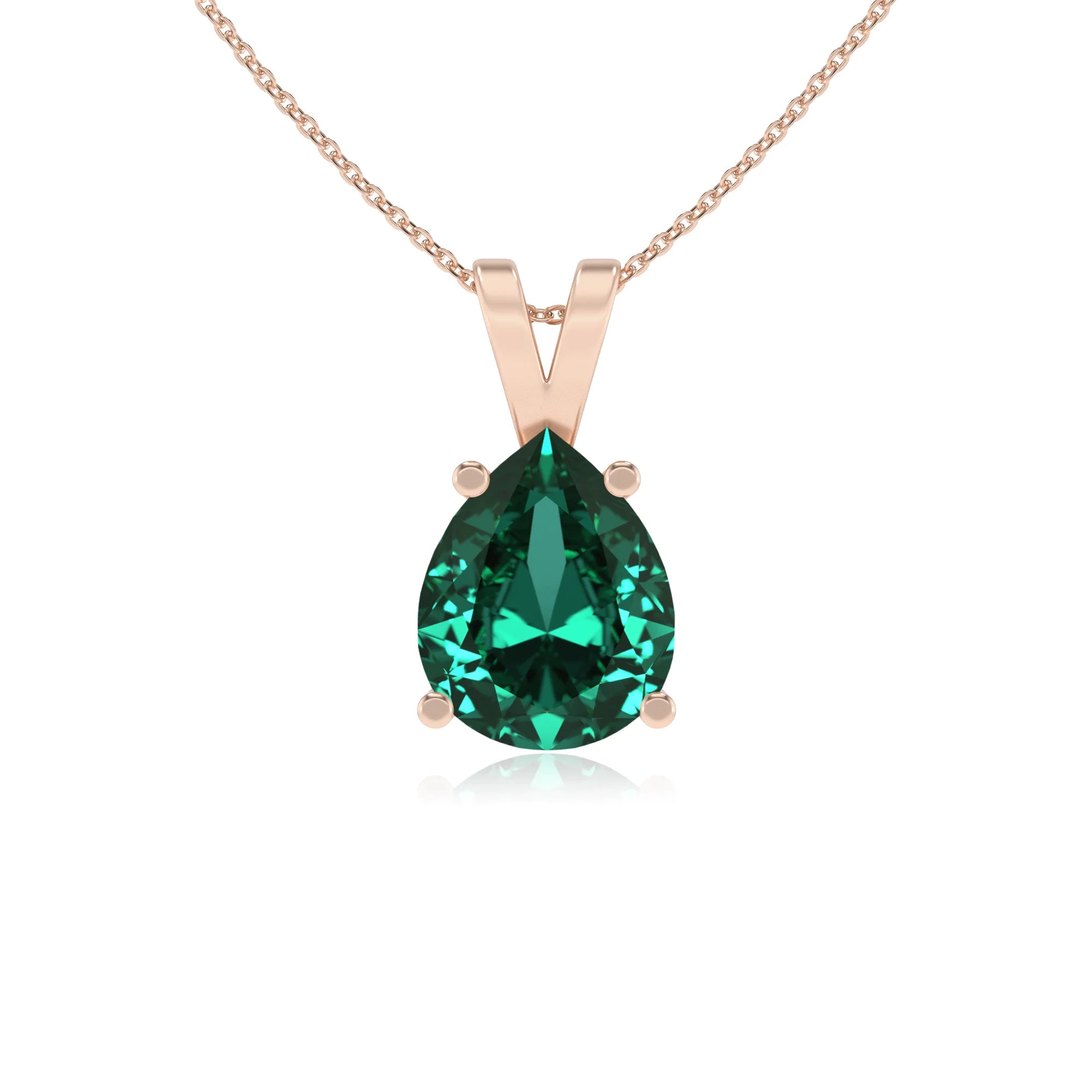 lab grown emerald pear solitaire v-bale necklaces in rose gold 