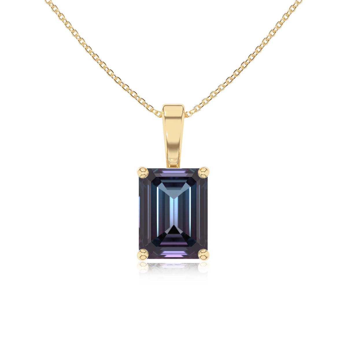 lab grown alexandrite emerald cut solitaire necklaces in yellow gold 