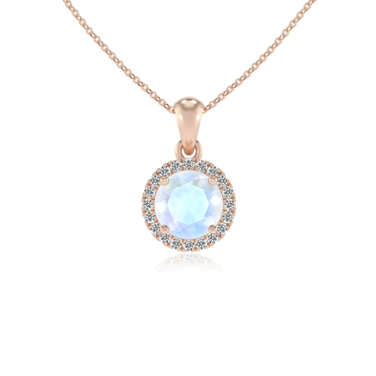 natural rainbow-moonstone round solitaire necklaces in rose gold 