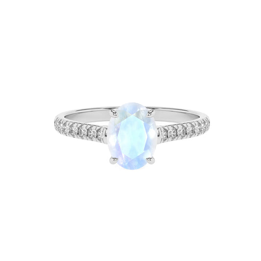 natural rainbow-moonstone oval half eternity solitaire engagement rings in platinum 