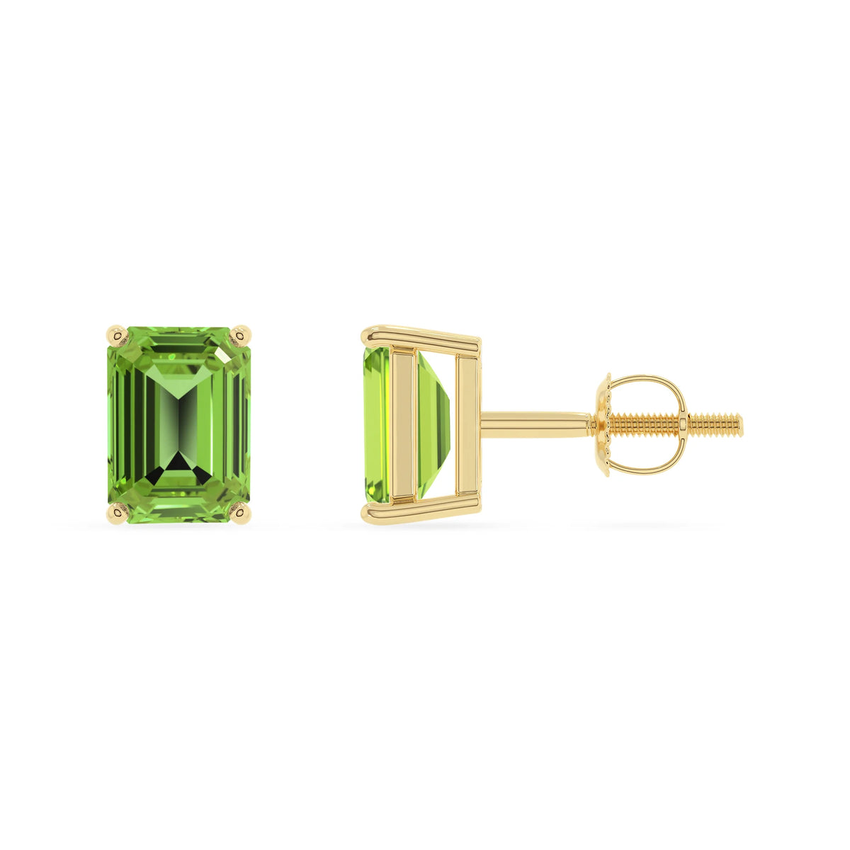 natural peridot emerald cut stud earrings in yellow gold 