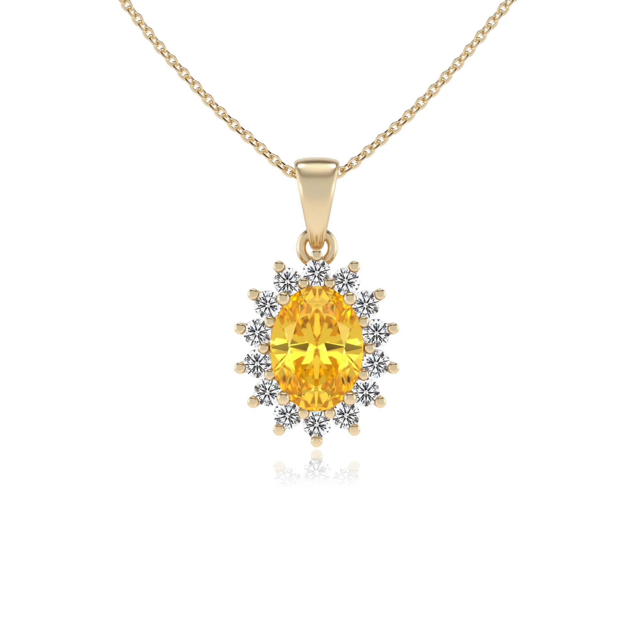 lab grown yellow-sapphire oval halo necklaces in yellow gold 