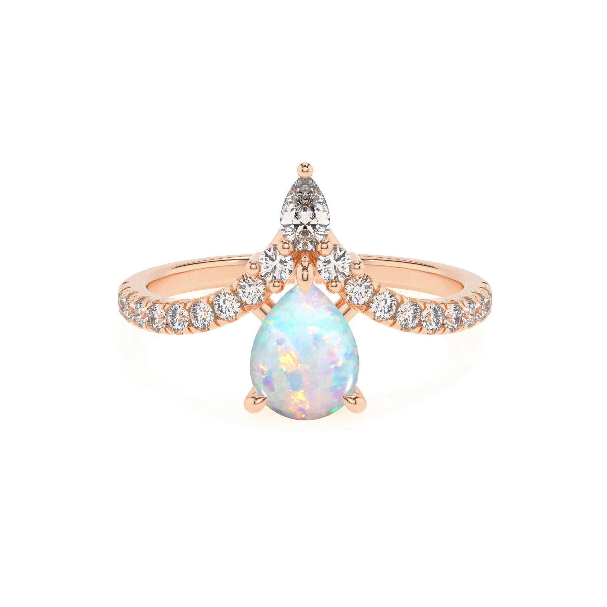 lab grown opal pear solitaire rings in rose gold 