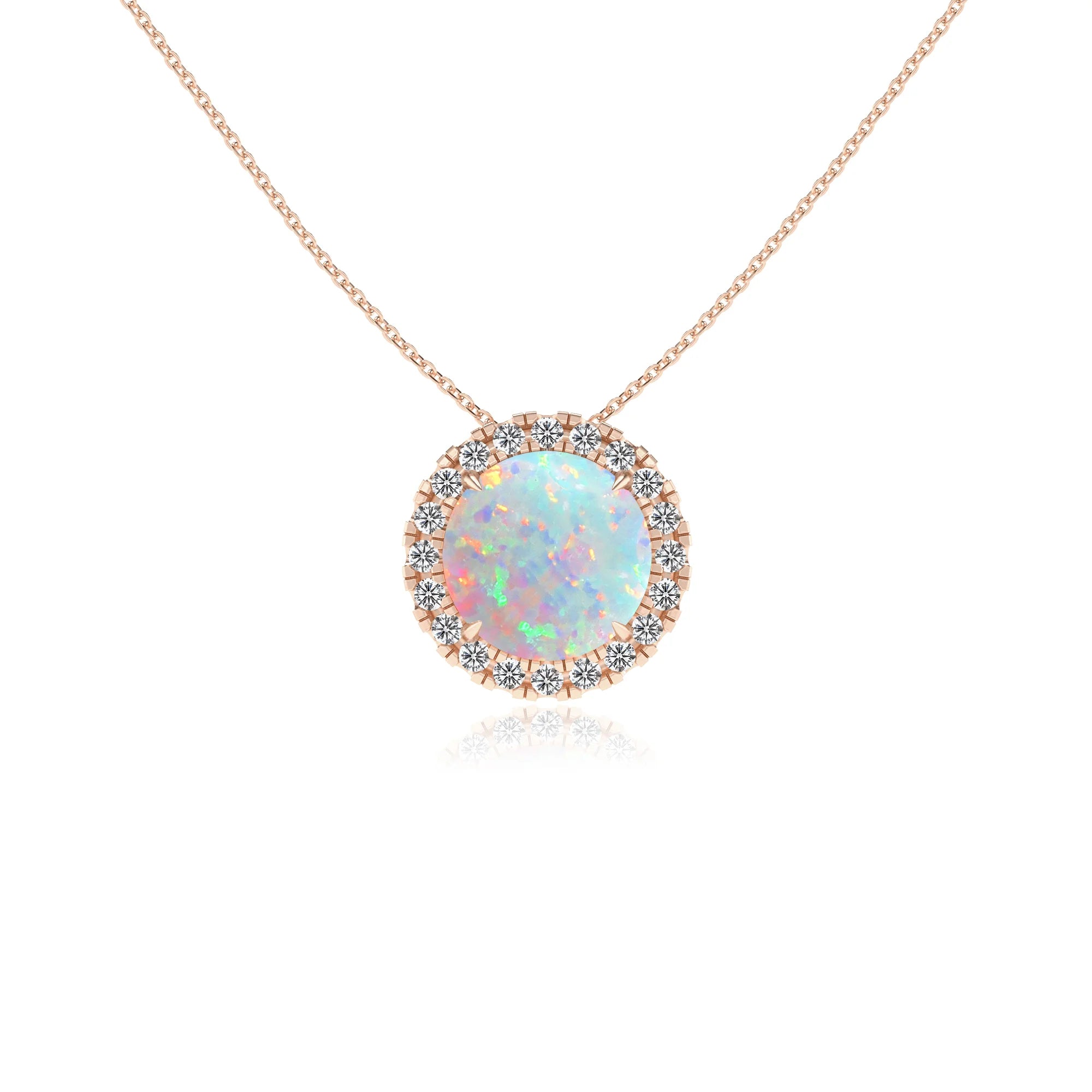 lab grown opal round solitaire necklaces in rose gold 