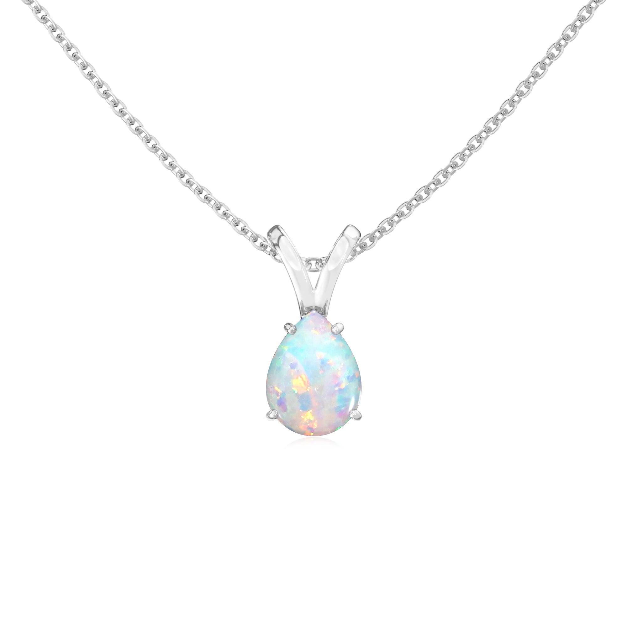 lab grown opal pear solitaire v-bale necklaces in sterling silver 