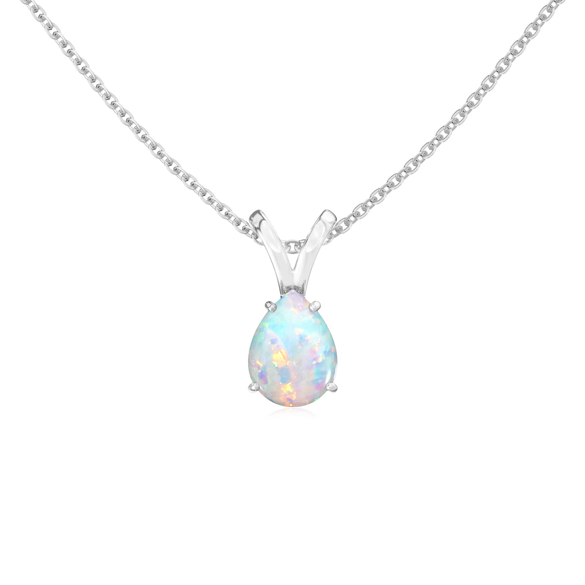 lab grown opal pear solitaire v-bale necklaces in sterling silver 