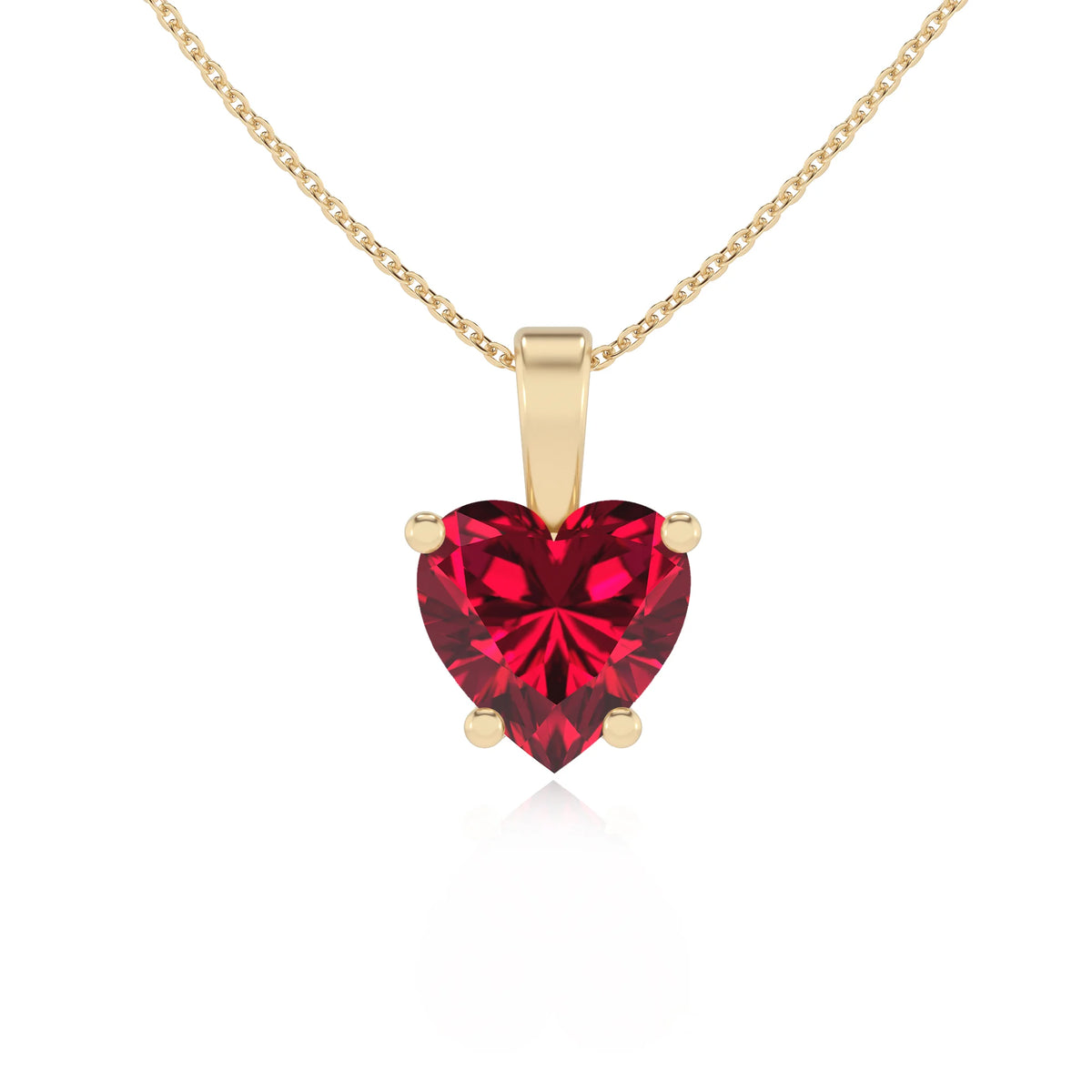 lab grown ruby heart solitaire necklaces in yellow gold 