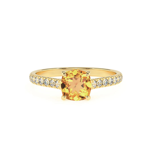 lab grown citrine cushion half eternity solitaire engagement rings in yellow gold 