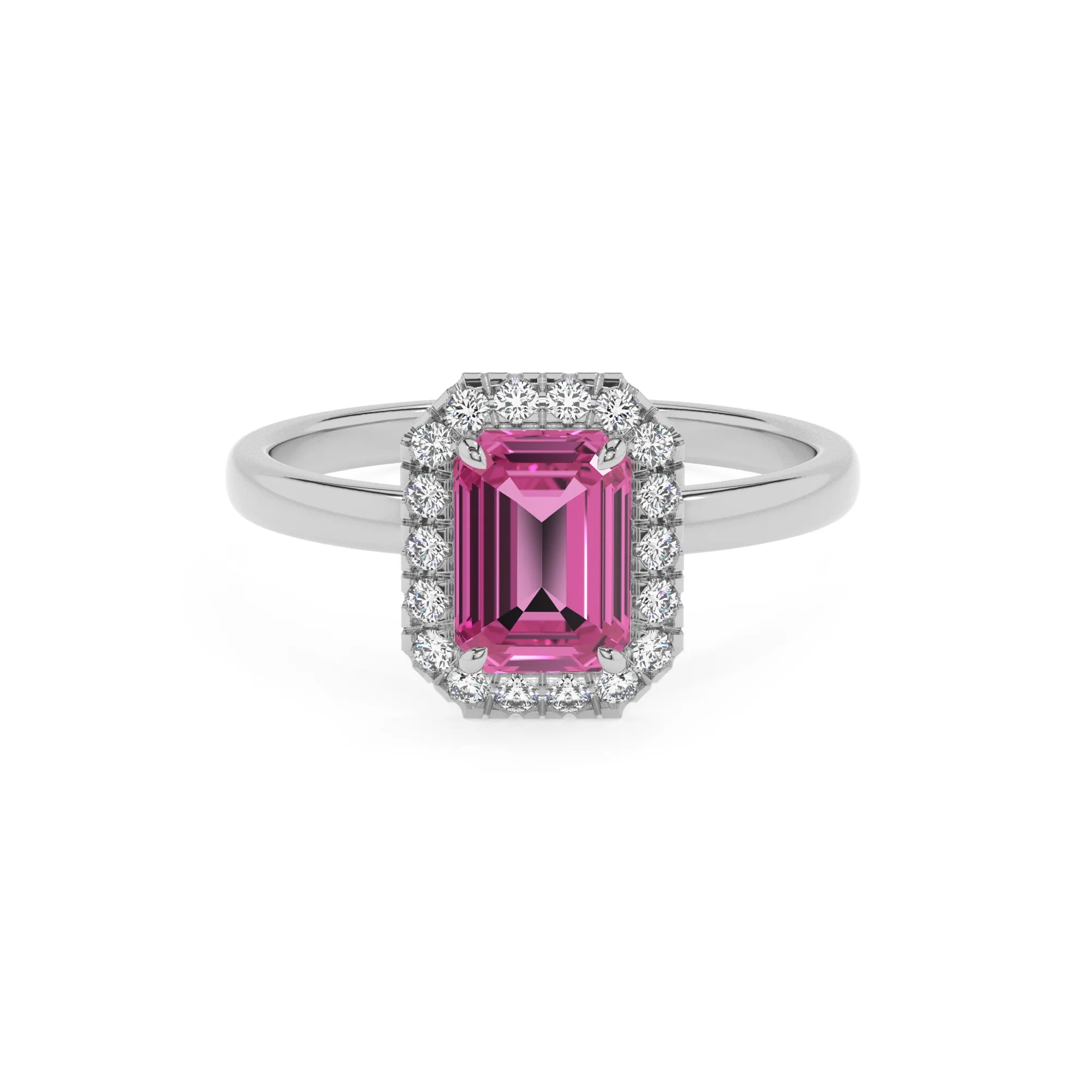 lab grown pink-sapphire emerald cut solitaire rings in platinum 
