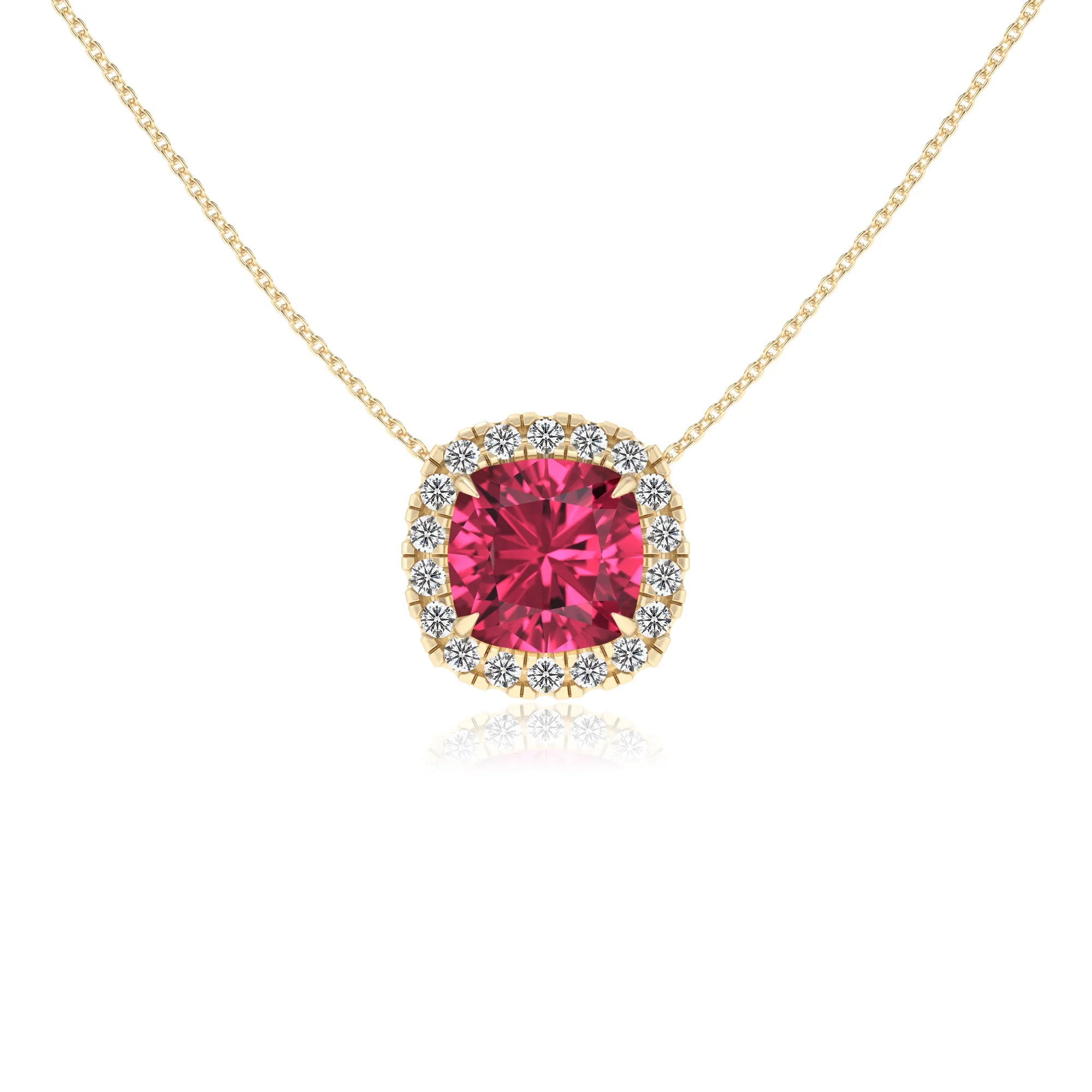 lab grown pink tourmaline cushion solitaire necklaces in yellow gold 