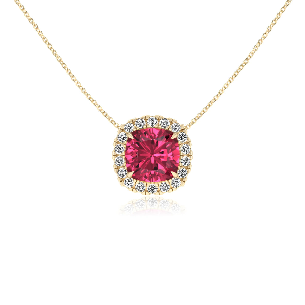 lab grown pink tourmaline cushion solitaire necklaces in yellow gold 