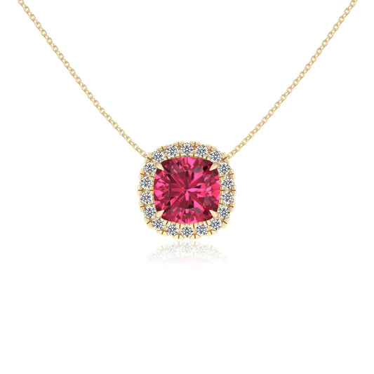 lab grown pink tourmaline cushion solitaire necklaces in yellow gold 