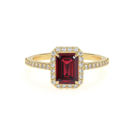 lab grown ruby emerald cut solitaire rings in yellow gold 