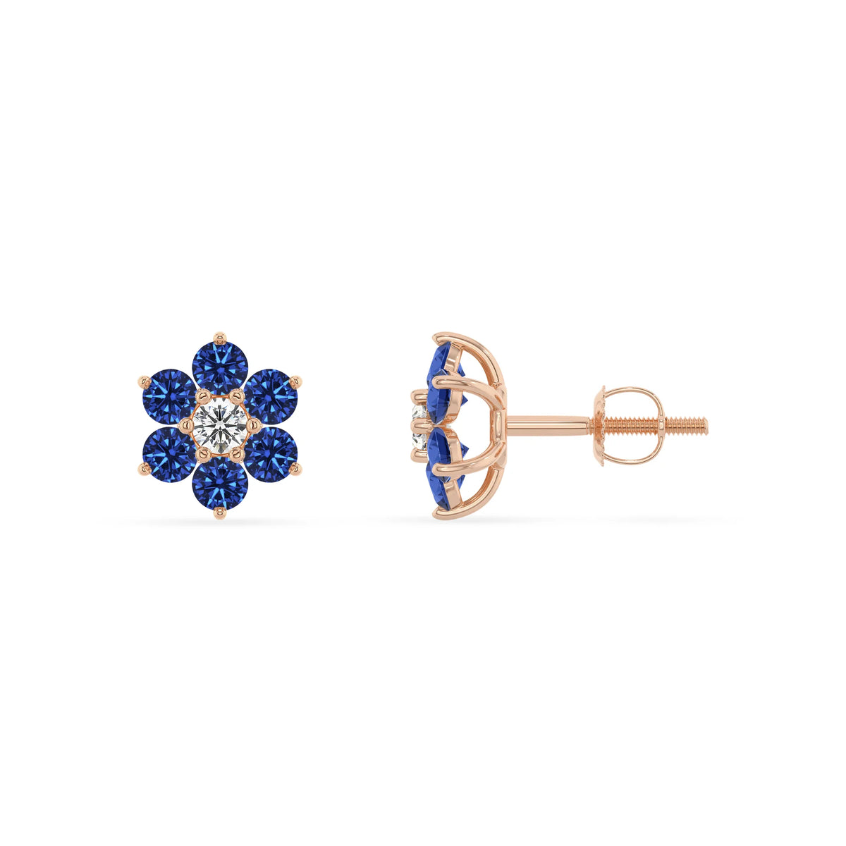 Lab Grown Blue Sapphire Round Stud Earrings with Diamond