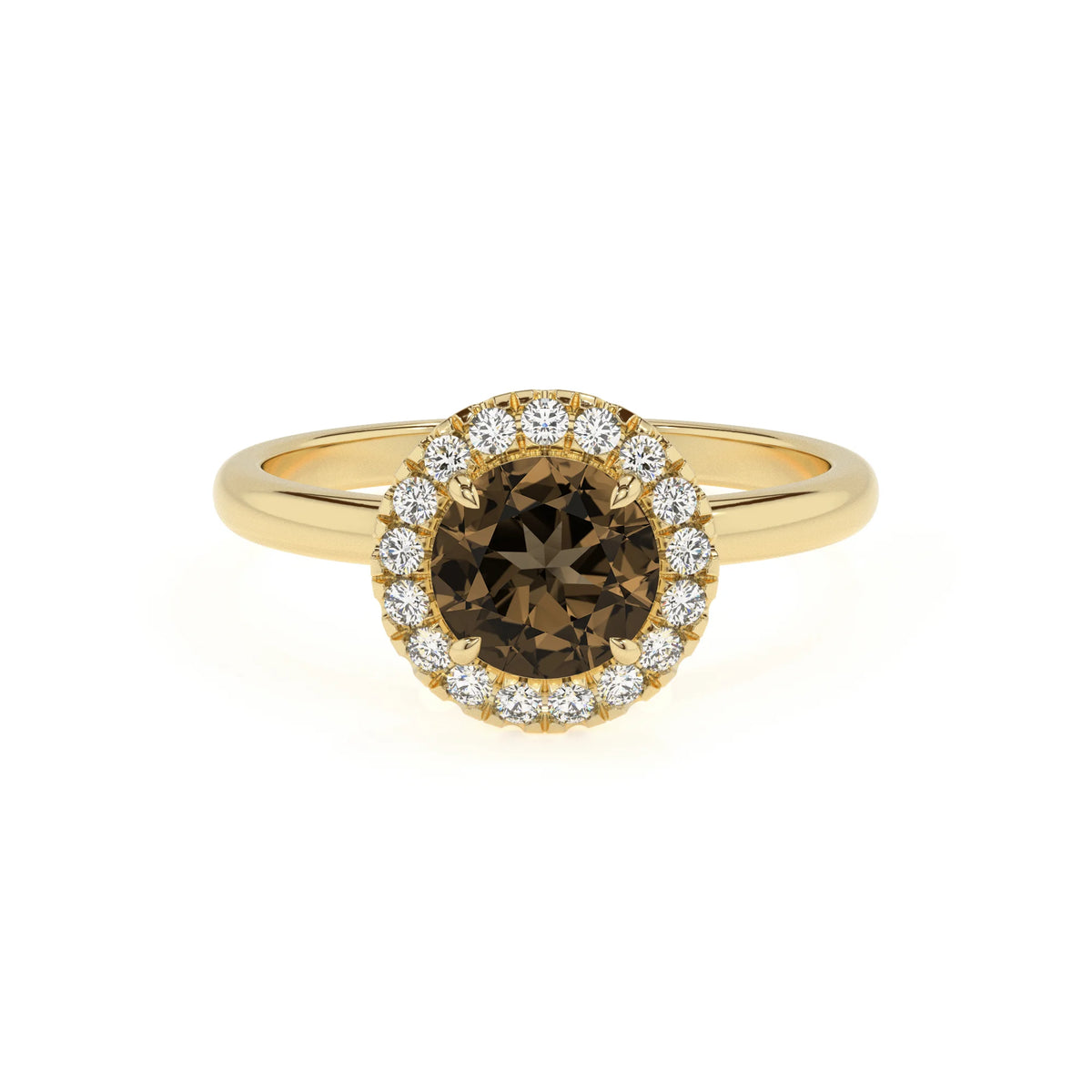 natural smoky-quartz round solitaire rings in yellow gold 