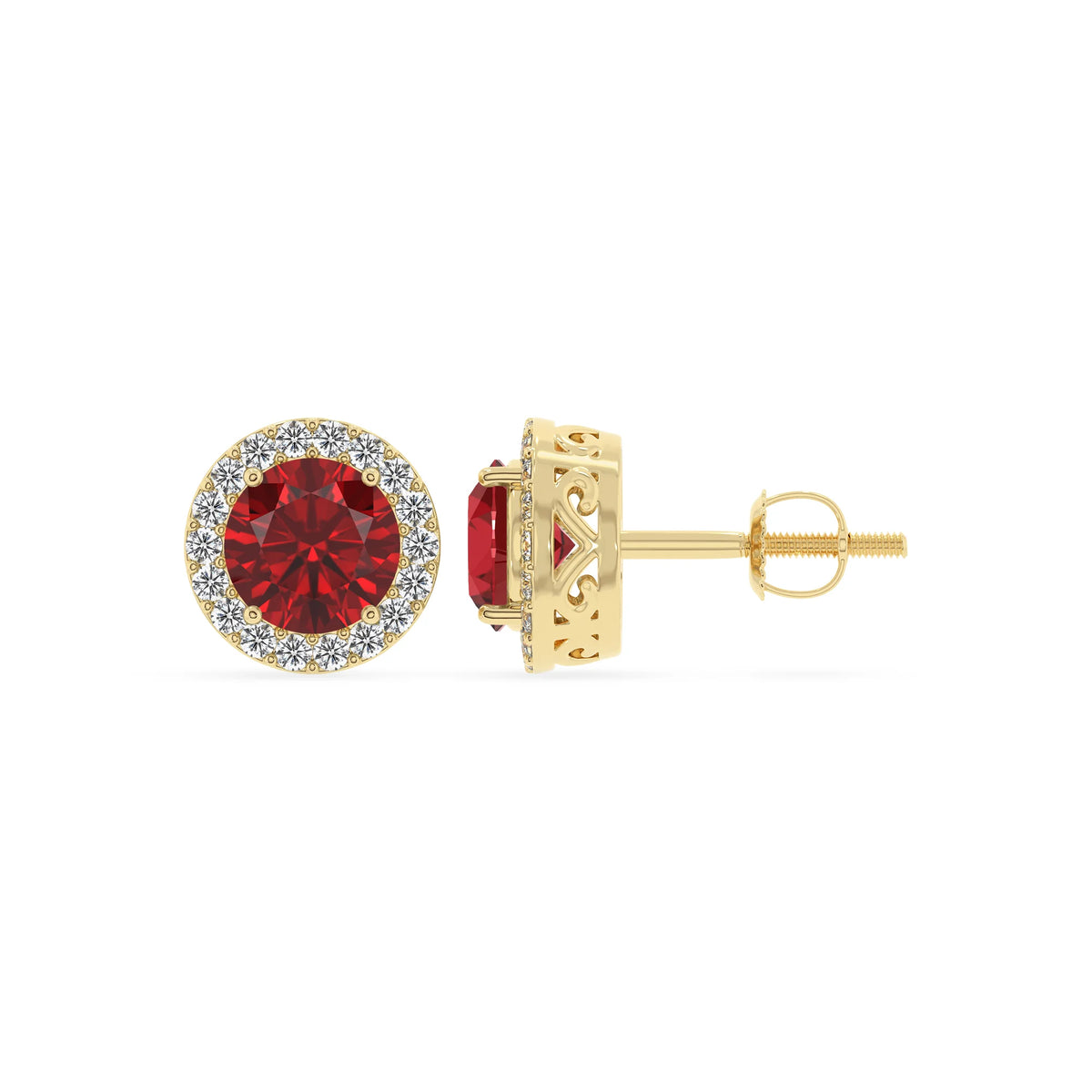lab grown ruby round stud earrings in yellow gold 