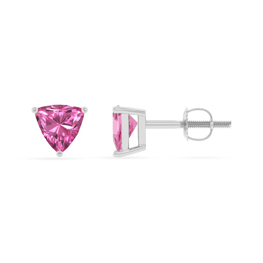 lab grown pink sapphire trillion stud earrings in sterling silver 