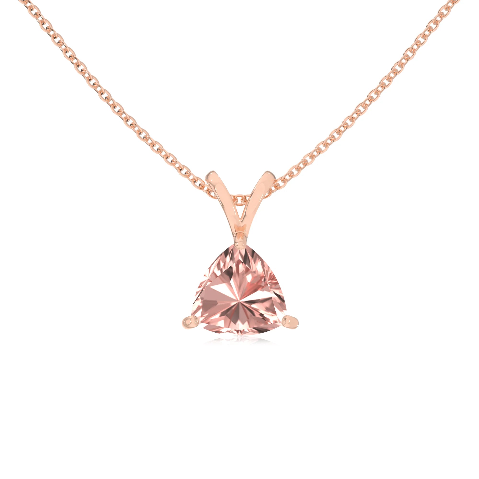 lab grown morganite trillion solitaire v-bale necklaces in rose gold 