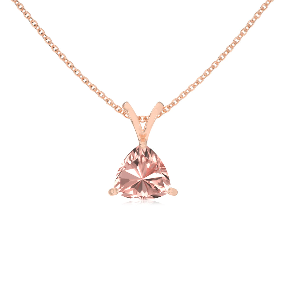 lab grown morganite trillion solitaire v-bale necklaces in rose gold 