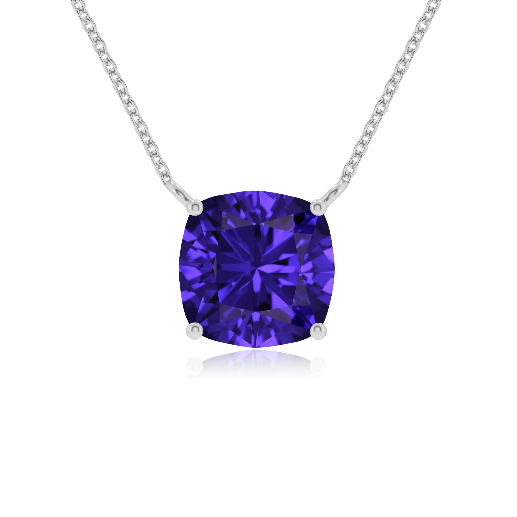 lab grown tanzanite cushion solitaire necklaces in sterling silver 