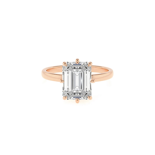 lab grown moissanite emerald cut solitaire rings in rose gold 