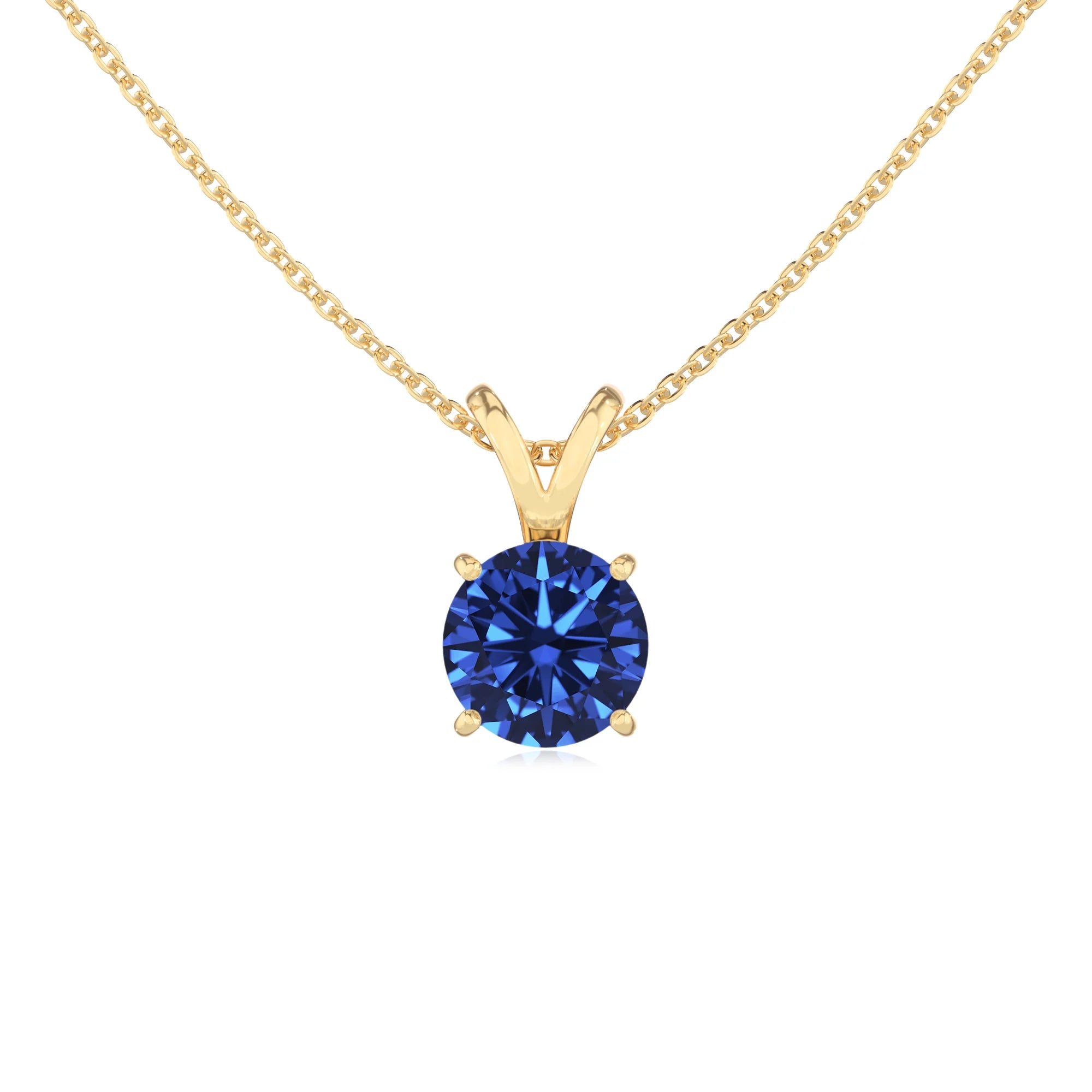 lab grown blue-sapphire round solitaire v-bale necklaces in yellow gold 