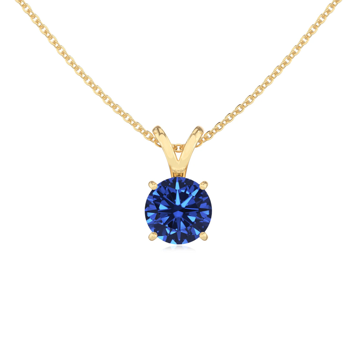lab grown blue-sapphire round solitaire v-bale necklaces in yellow gold 