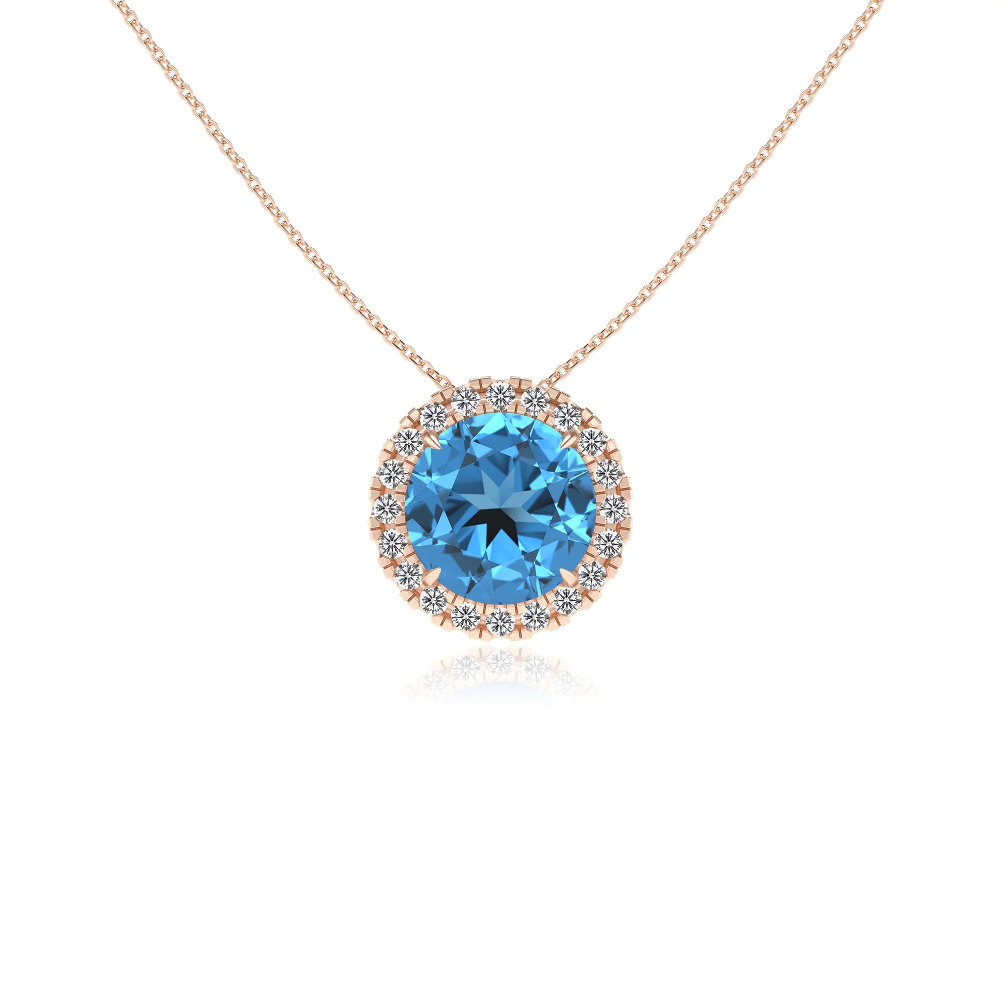 natural swiss blue topaz round solitaire necklaces in rose gold 