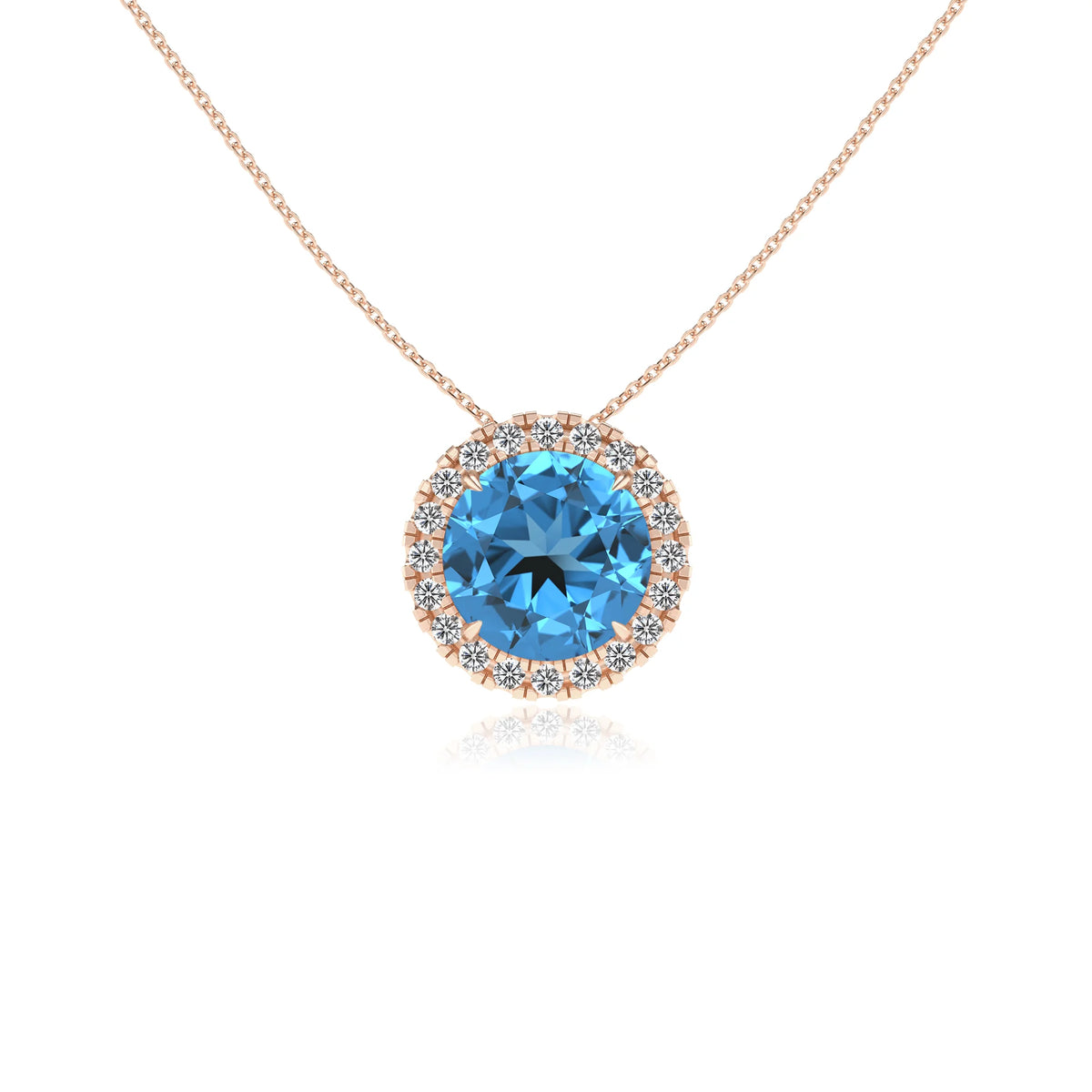 natural swiss blue topaz round solitaire necklaces in rose gold 