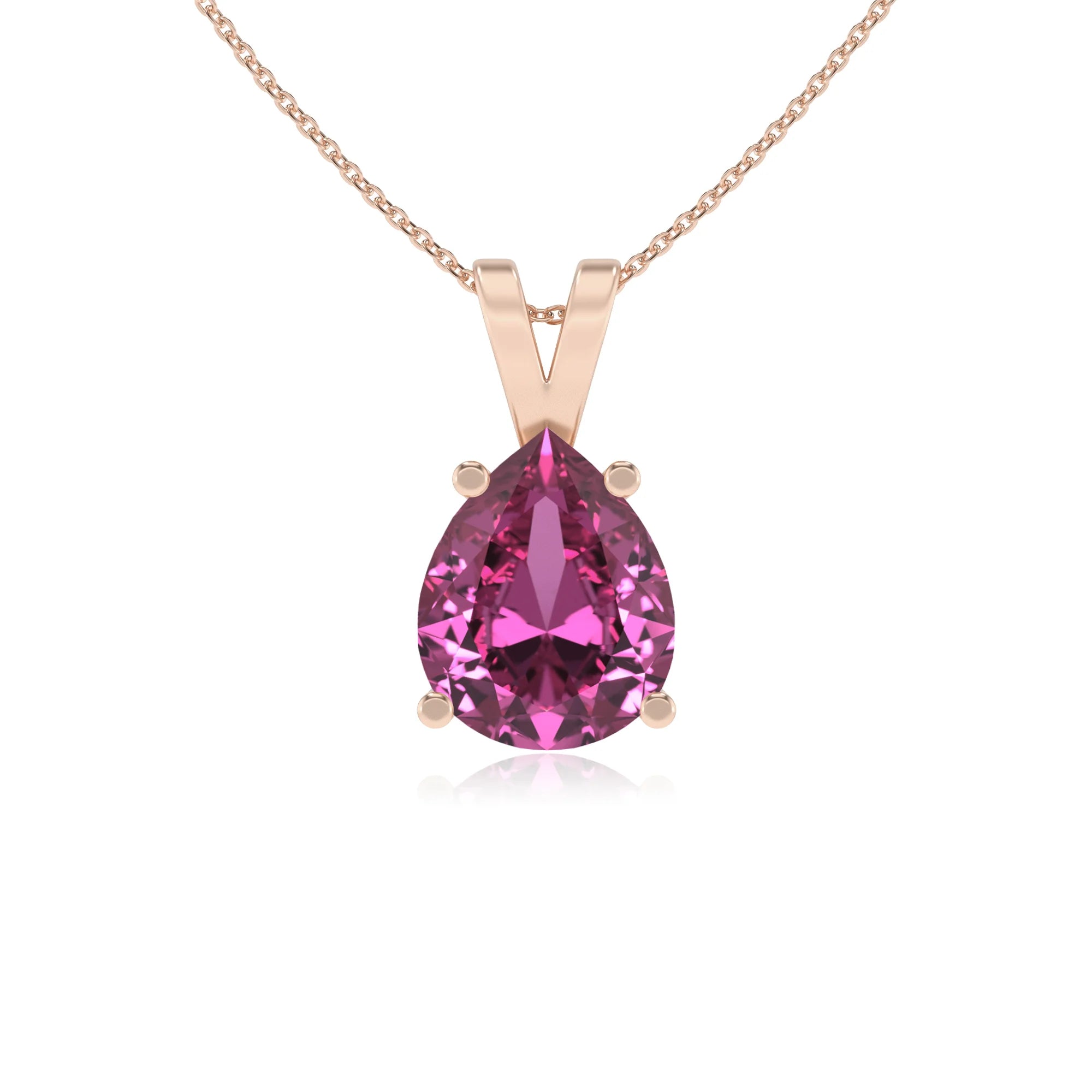 lab grown pink-sapphire pear solitaire v-bale necklaces in rose gold 