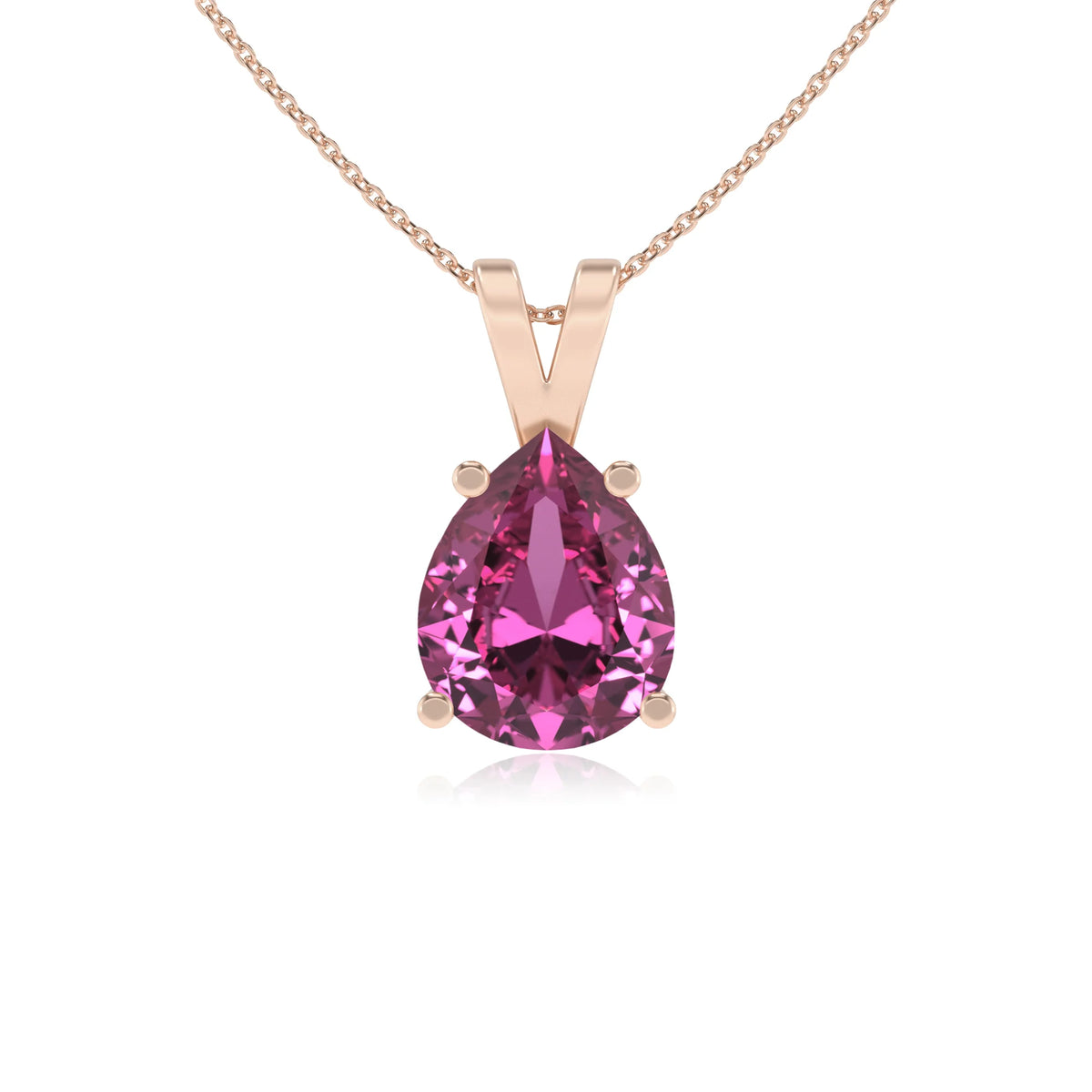 lab grown pink-sapphire pear solitaire v-bale necklaces in rose gold 