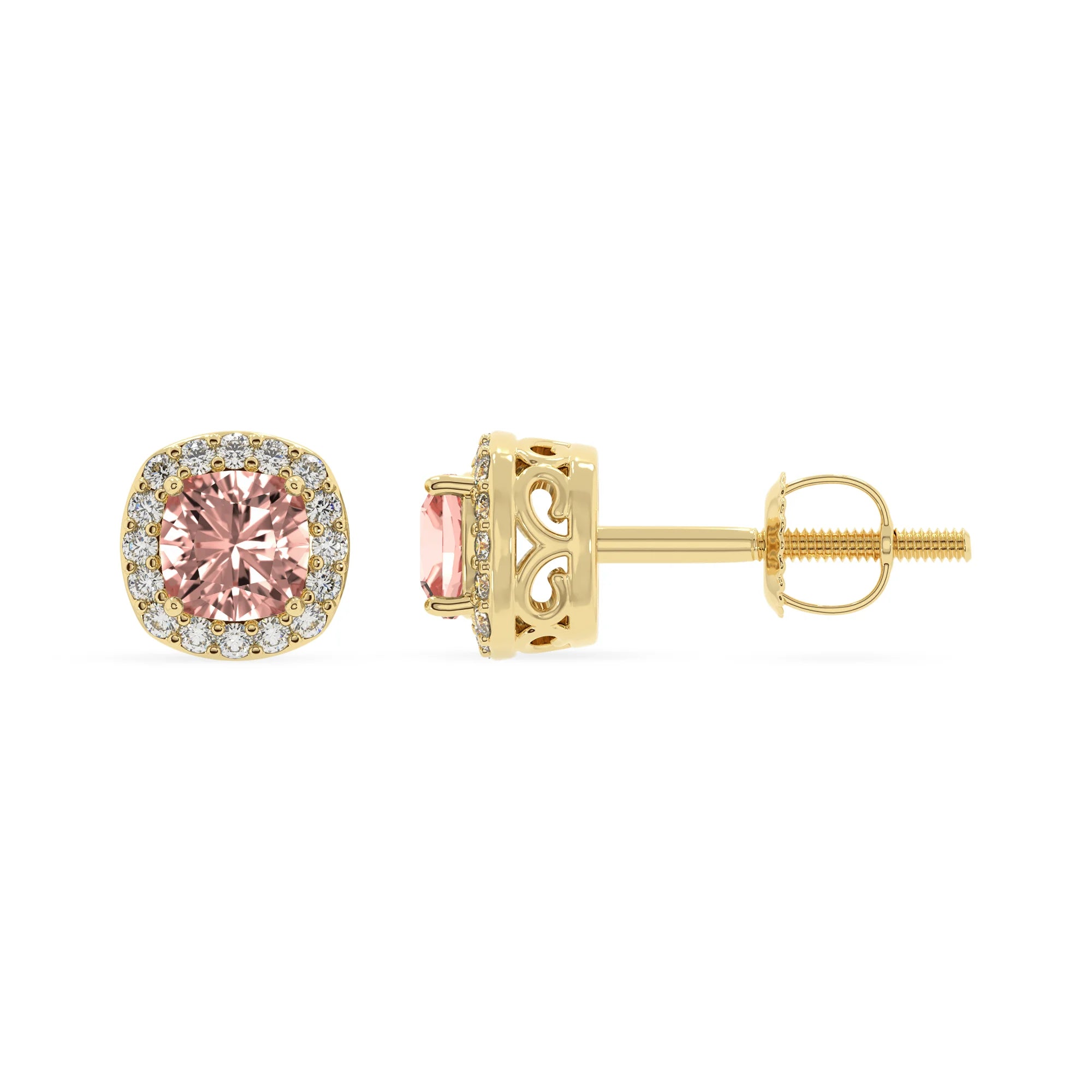lab grown morganite cushion stud earrings in yellow gold 
