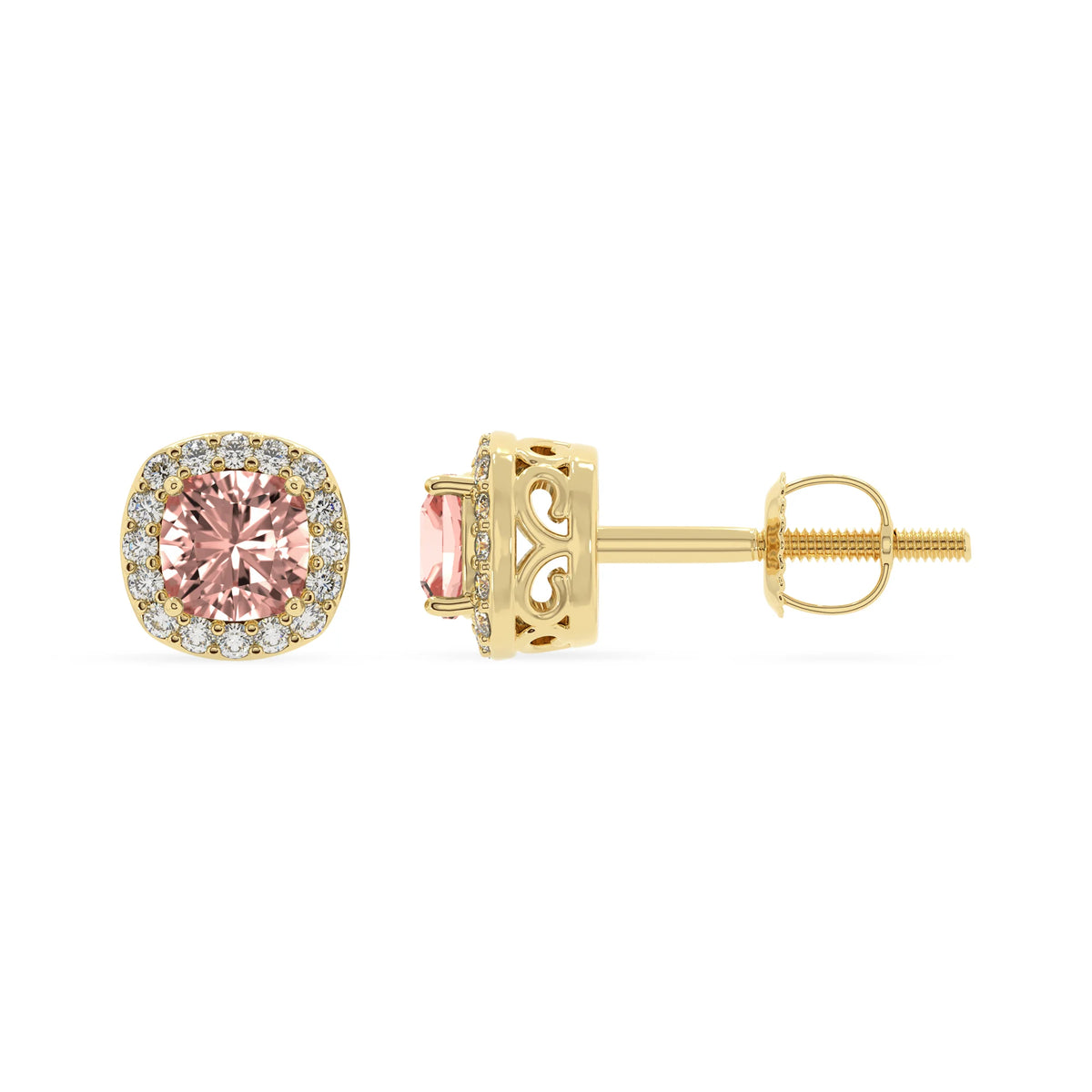 lab grown morganite cushion stud earrings in yellow gold 